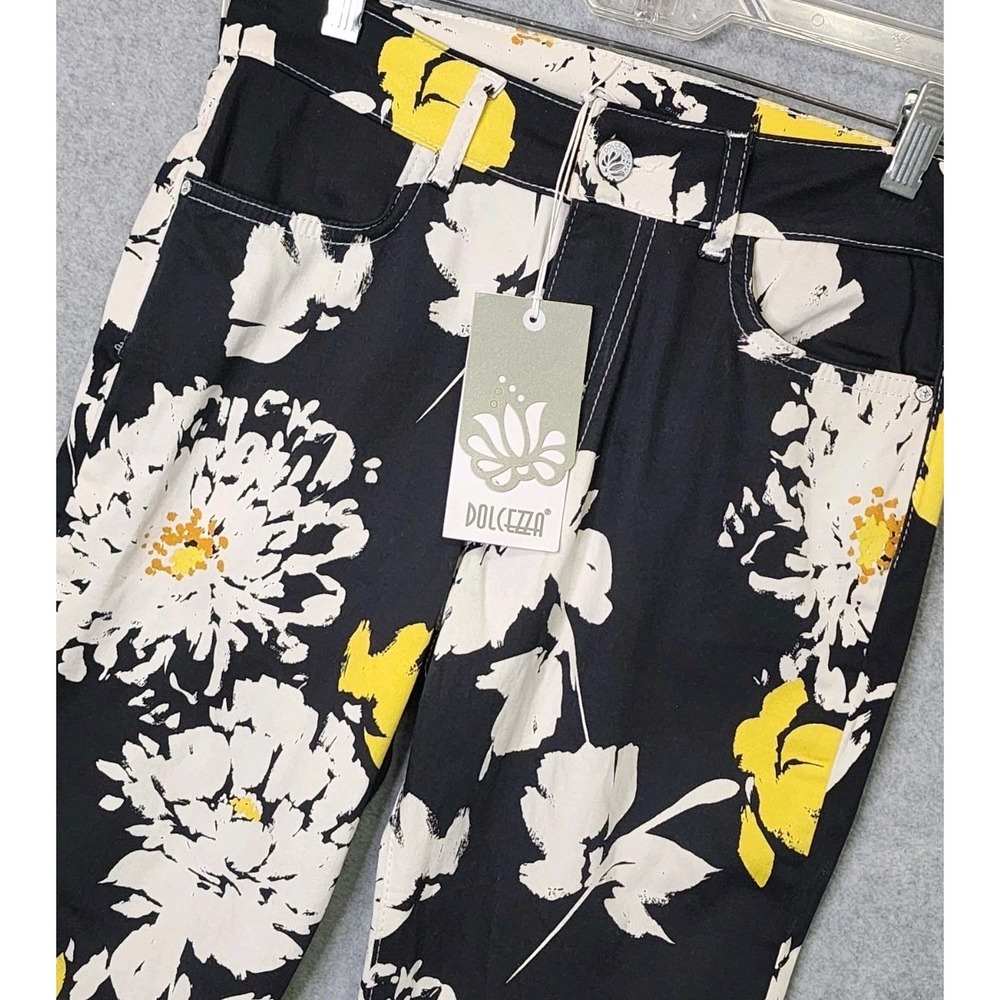 Dolcezza Black White‎ Yellow Floral Ankle Pants Womens Size 6 Stretch Straight